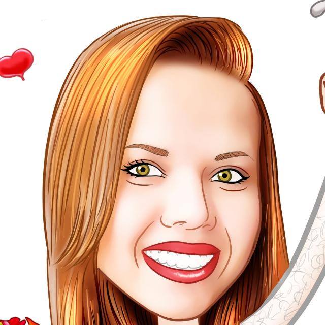 Caricatura da autora Fernanda Piazon. Fundo branco com poucos corações vermelhos. Em primeiro plano a caricatura do rosto de uma mulher de pele clara e cabelo ruivo alaranjado, sorrindo.