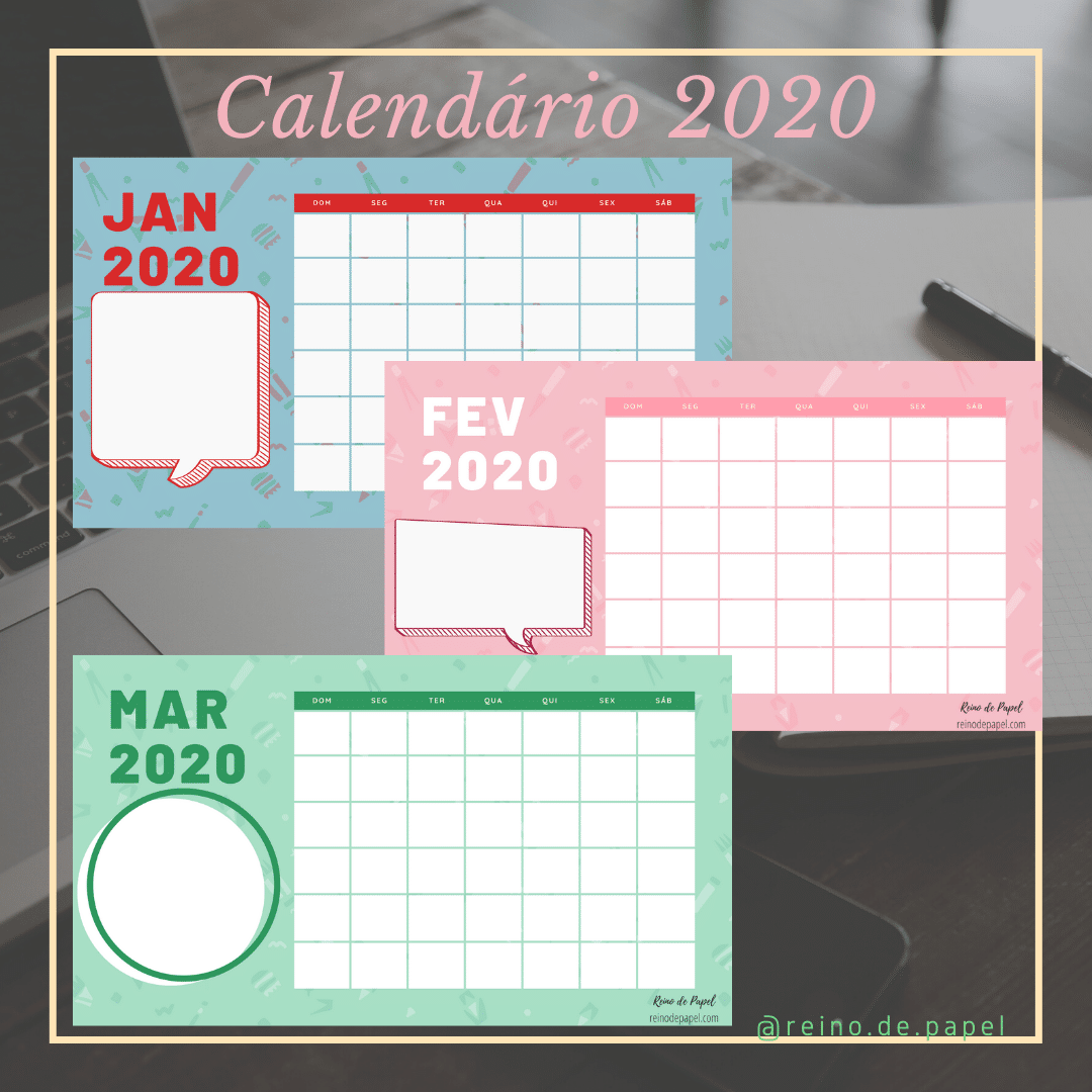 Título: Calendário 2020. Abaixo três amostras do calendário.